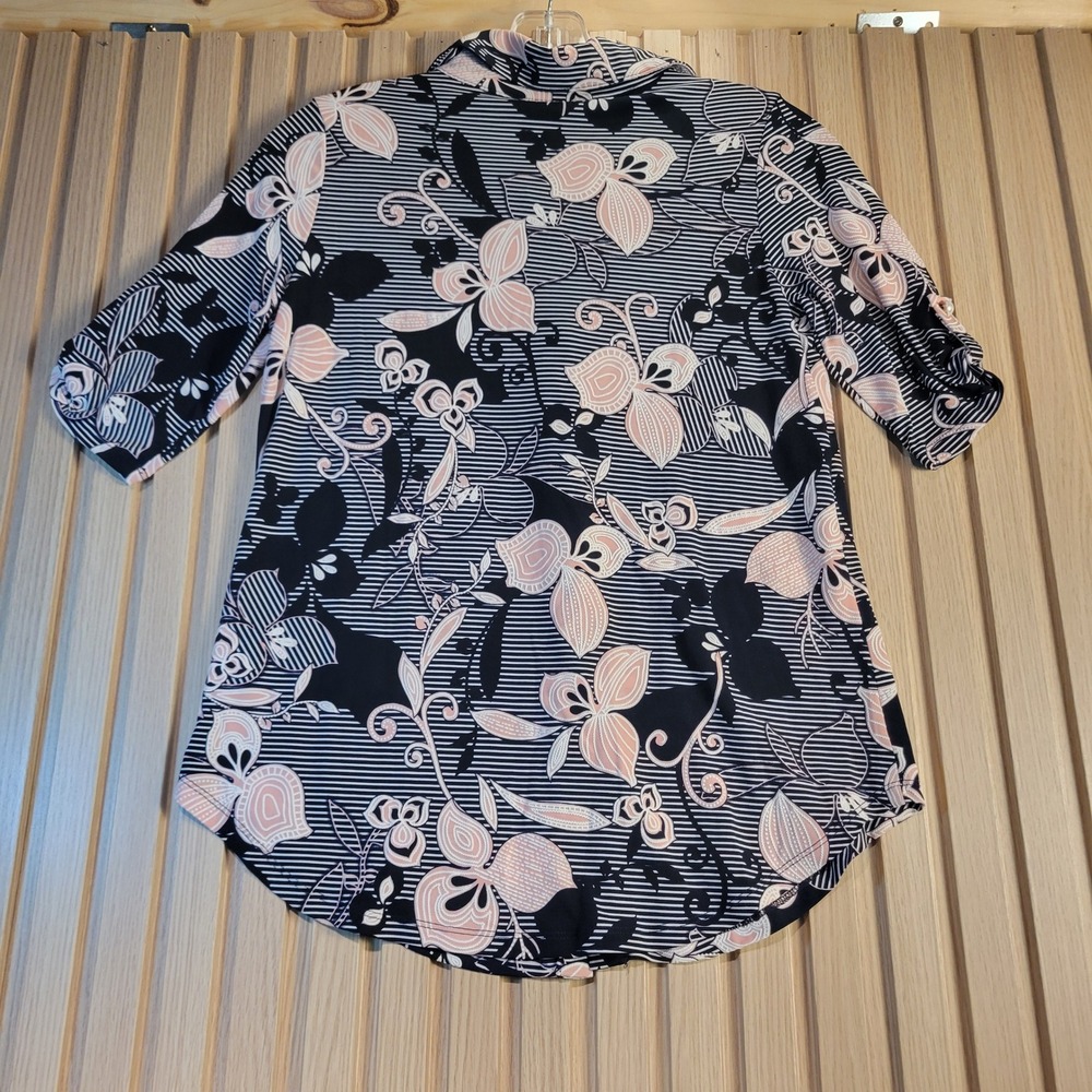 SJS Petite Floral Striped Button Down Blouse Pink Navy Blue PS T8538-PE-EL-RM - Picture 2 of 8